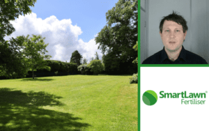 A collage of Jack Baxter, an open green lawn on a bright sunny day and the SmartLawn Logo.